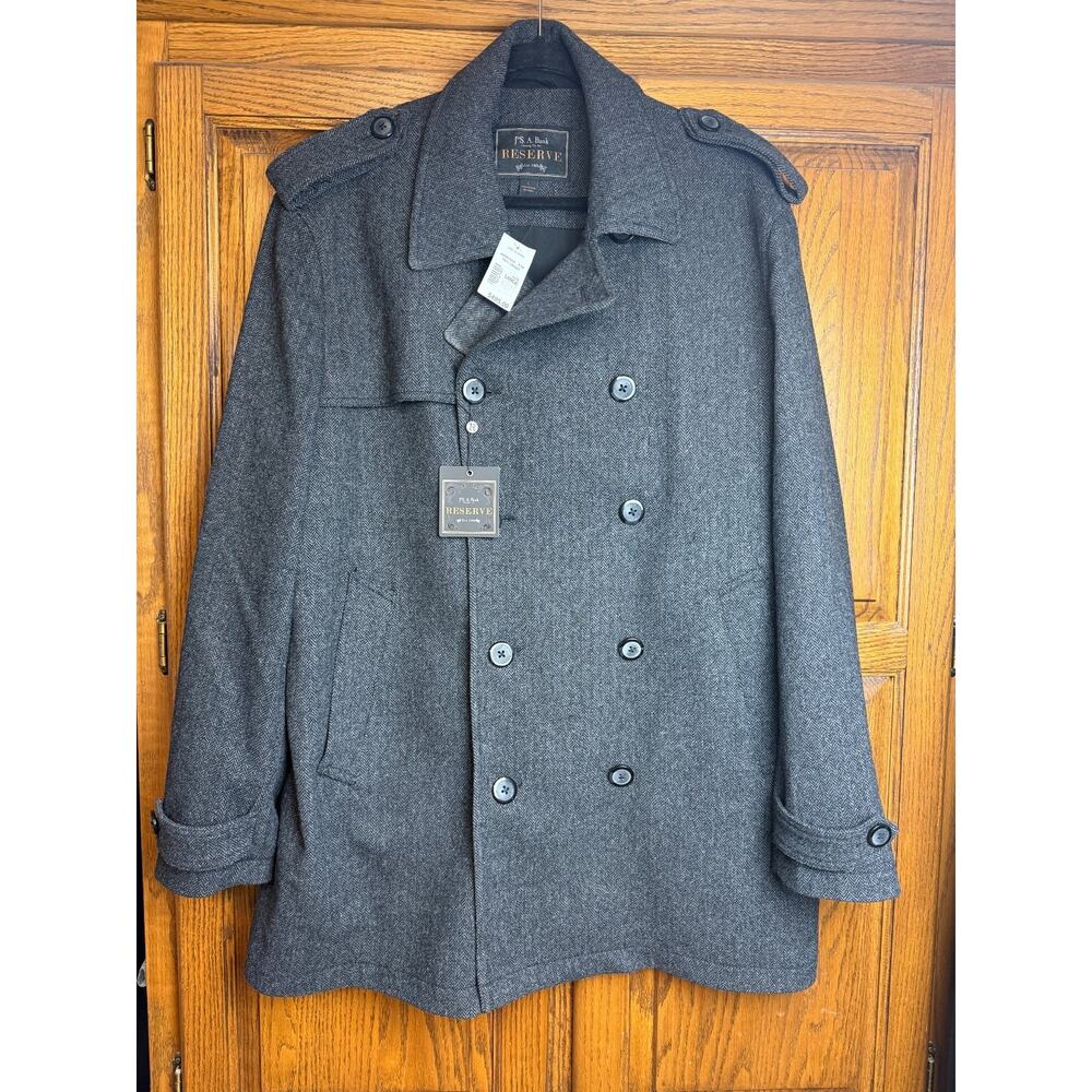 Jos A Bank Sz L Reserve Gray Herringbone Tweed Wool Blend Pea Coat NEW